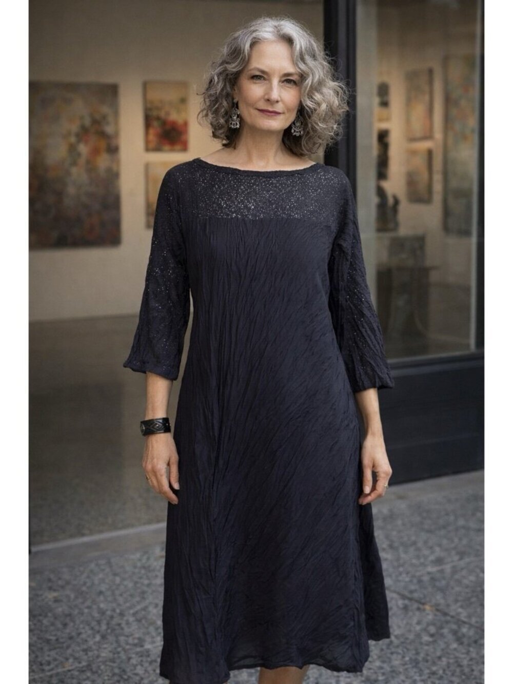 Babette SF Womens Dress Sz Small Black Crinkle Art To Wear Asymmetric Lagenlook